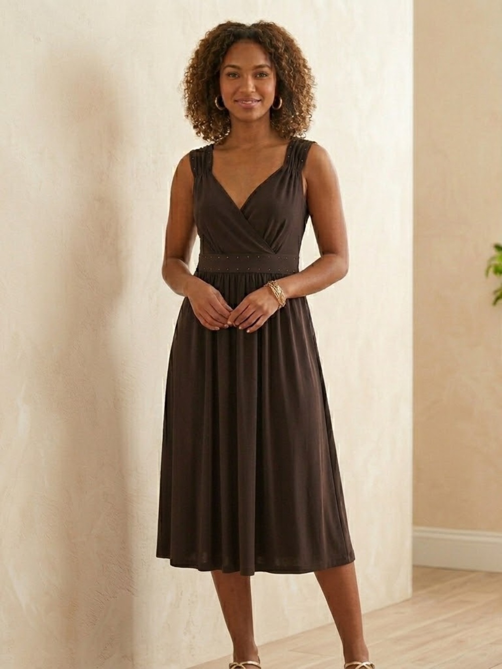 Michael Kors Chocolate Brown Studded Faux Wrap Midi Dress